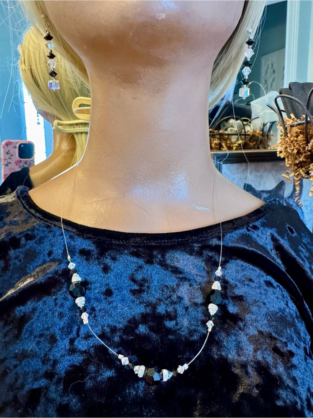 Charming Charlie Y2K Black & Clear Crystal Floating Illusion Necklace Set